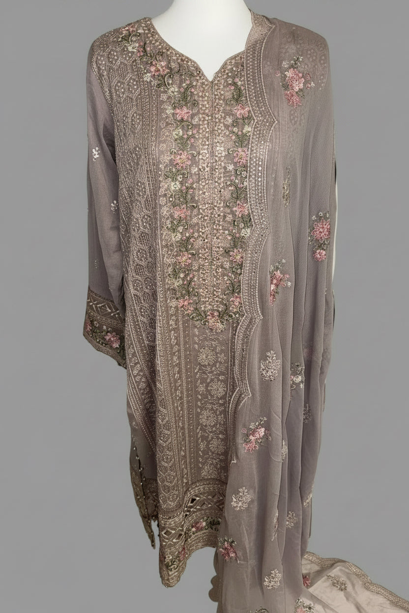 Luxury Heavy Embroidered Chiffon 3-Piece Suit – Mauve Grey