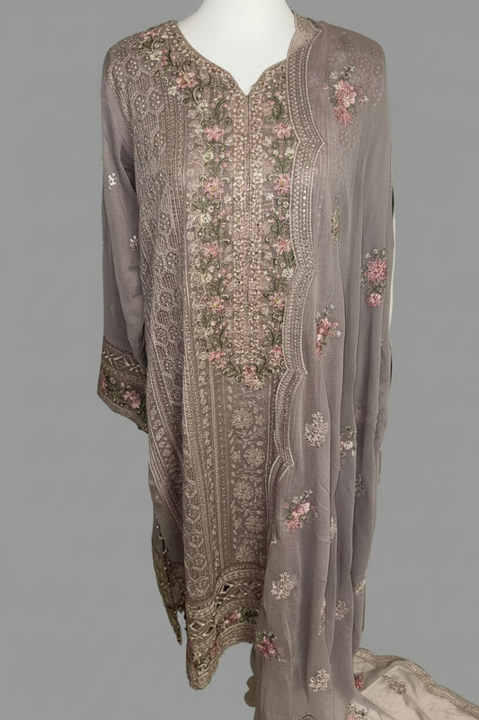 Luxury Heavy Embroidered Chiffon 3-Piece Suit – Mauve Grey
